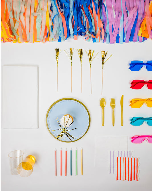 Just Party Petite Party Pack – FettiFilled Rainbow & Gold Birthday Party Supplies for 8 Guests